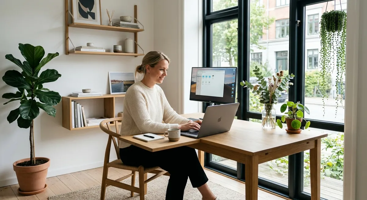 En person der arbejder på en bærbar computer i et lyst skandinavisk kontor med fokus på webhotel og digital hosting